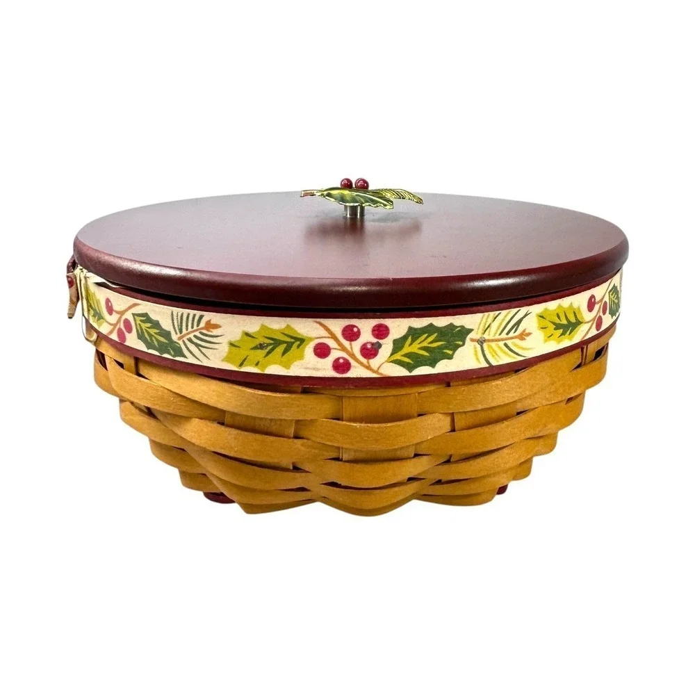 Longaberger Holly Berry Basket 2011 Christmas w/ Lid Liner Protector Tie-on Tags